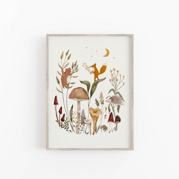 Whimsical Forest Art Print For Children, Woodland Nursery Art, Whimsical Art Print, Wild Mushrooms Illustration With Forest Animals