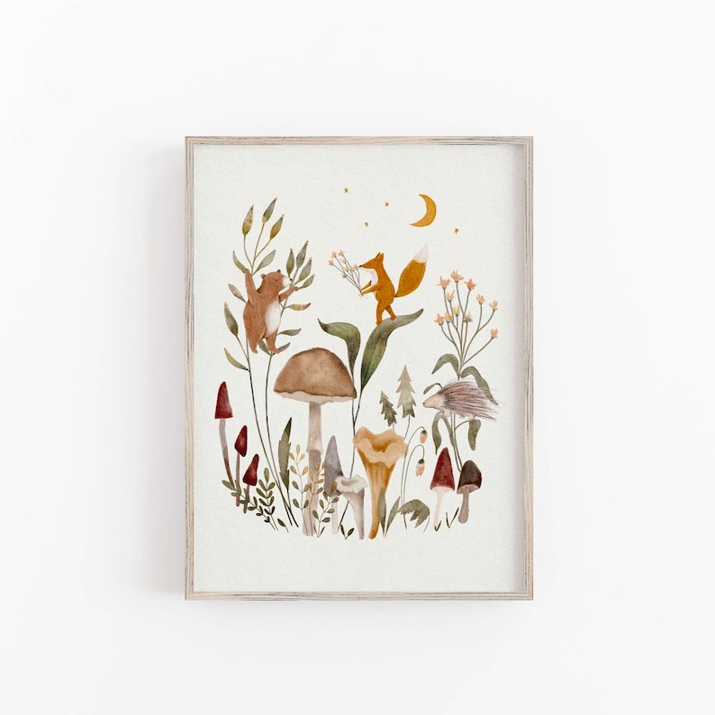 The image is a framed print depicting a whimsical forest scene with various animals, plants, and a crescent moon.