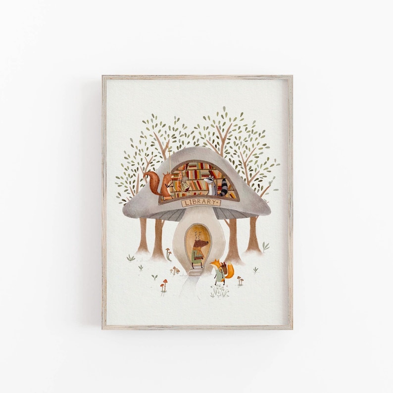 Mushroom house whimsical art print for children