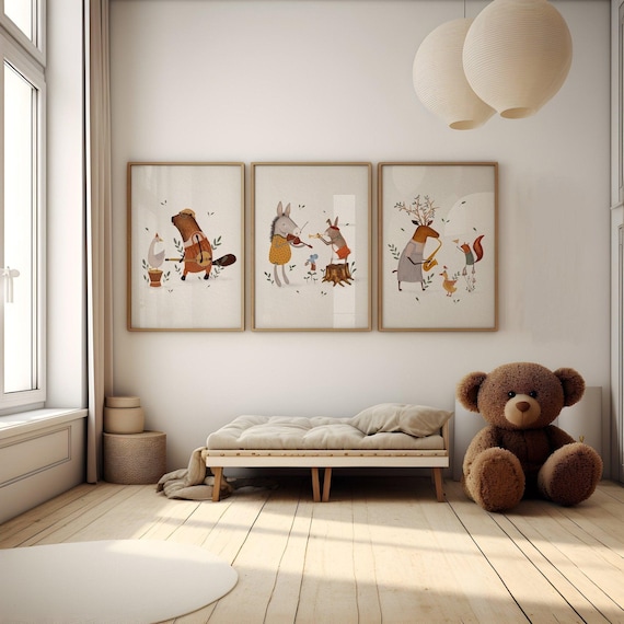 Musical Animal Art Prints: Scandi Nursery Decor Set