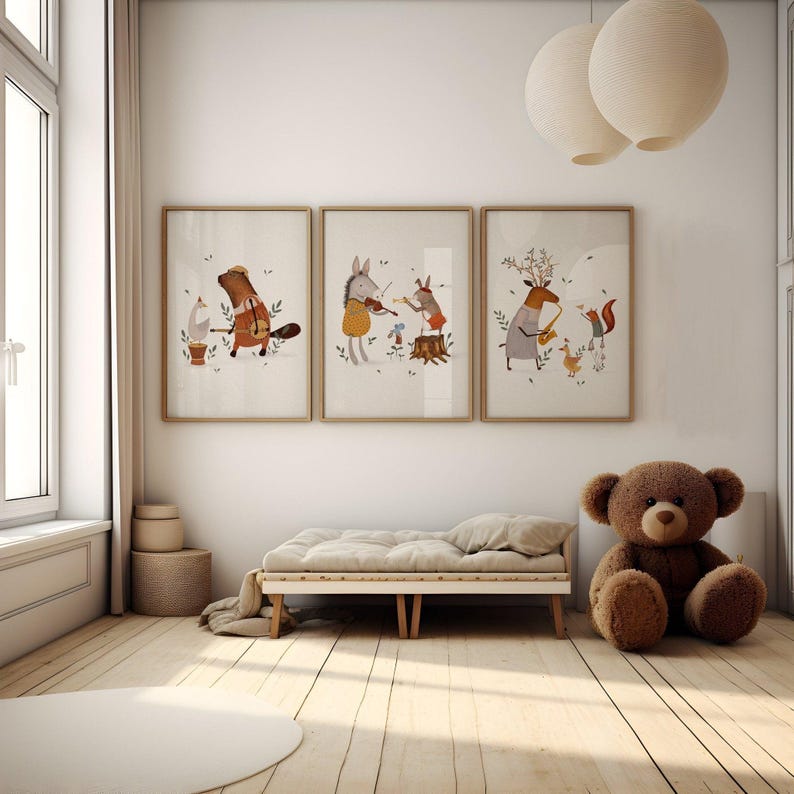 set of 3 musical inspired whimsical art prints with forest animals. Set in a Childs room on the wall and framed