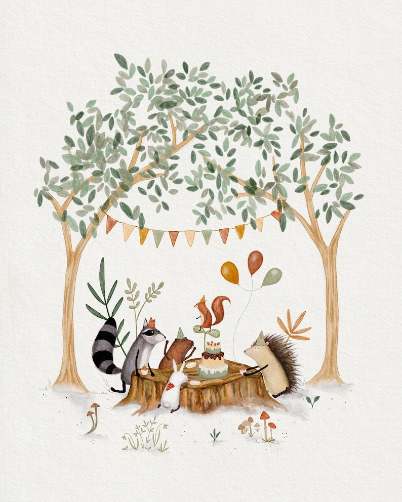 Woodland Animals Picnic Nursery Art Print, Baby Boy Nursery Decor, Tree ...