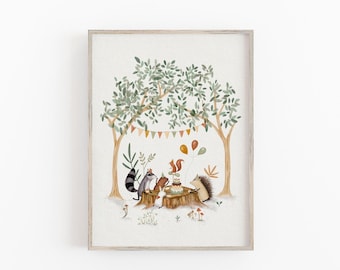 Woodland Animals Picnic Nursery Art Print, Baby Boy Nursery Decor, Tree Decor Nursery, Animal Tea Party Art Prints, Nursery Art Baby Girl