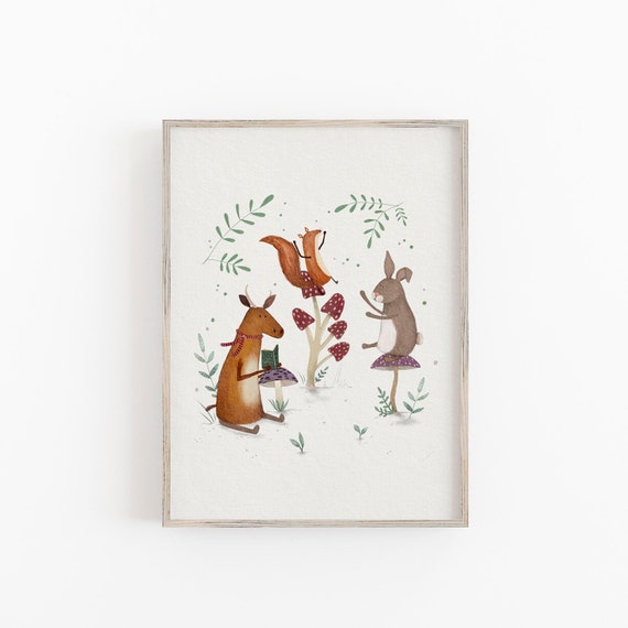 Woodland Animals Nursery Art Print, Whimsical Woodland Wall Art, Hand  Painted Nursery Illustration with a Stag, Rabbit and Squirrel