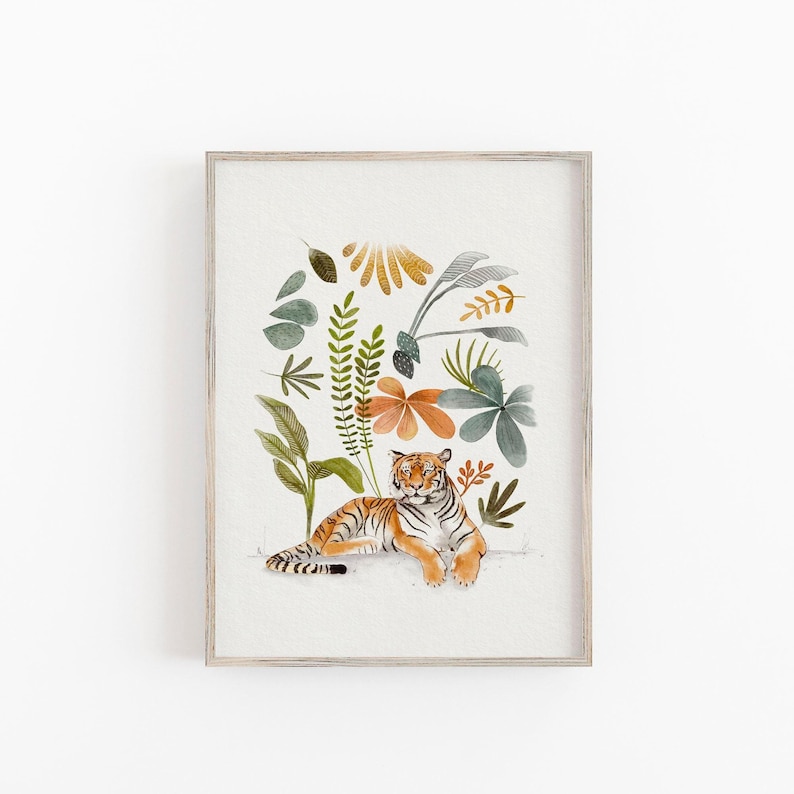 Bengal Tiger Jungle Nursery Art Print, Tropical Rainforest Illustration for Kids Room image 1