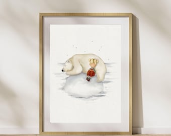 Polar Bear and Girl Art Print: Whimsical Watercolor Illustration