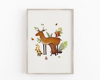 Stag & Beaver Watercolor Art Print: Woodland Nursery Decor