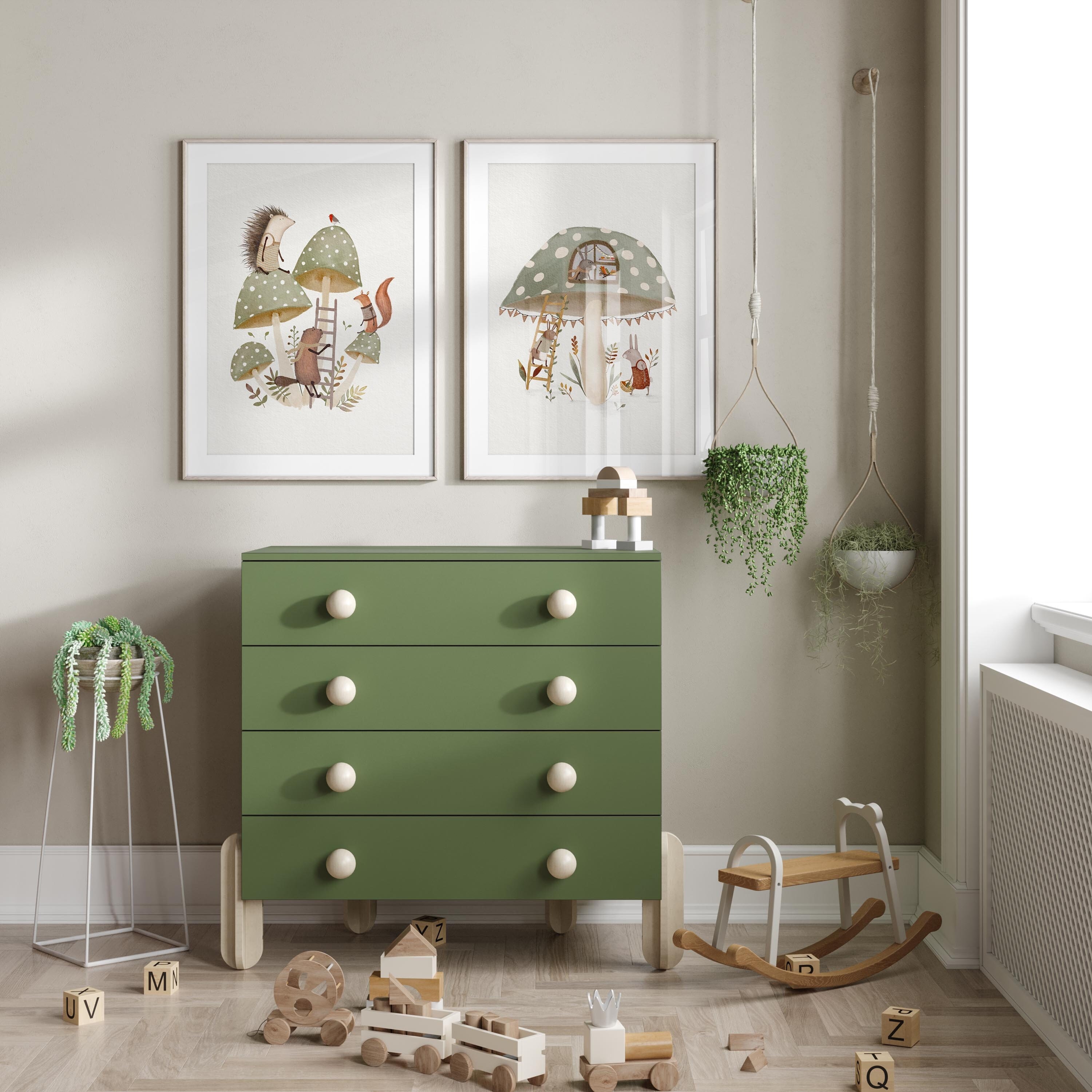 Set of 2 Whimsical Woodland Art Prints For Children, Sage Green Room Decor, Mushrooms Wall Art For Kids, CHildren's Animal Paintings