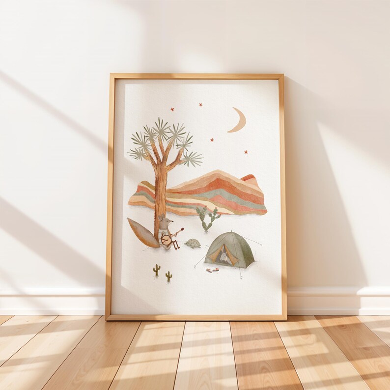 May include: A watercolor illustration of a desert scene with a fox playing a banjo, a turtle, a cactus, a tent, and a crescent moon in the night sky.