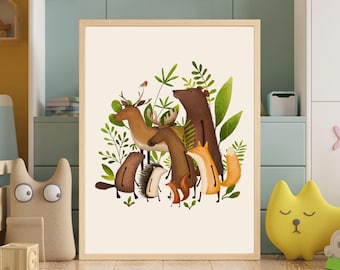 Woodland Animals Watercolor Nursery Print: Scandi Forest Decor