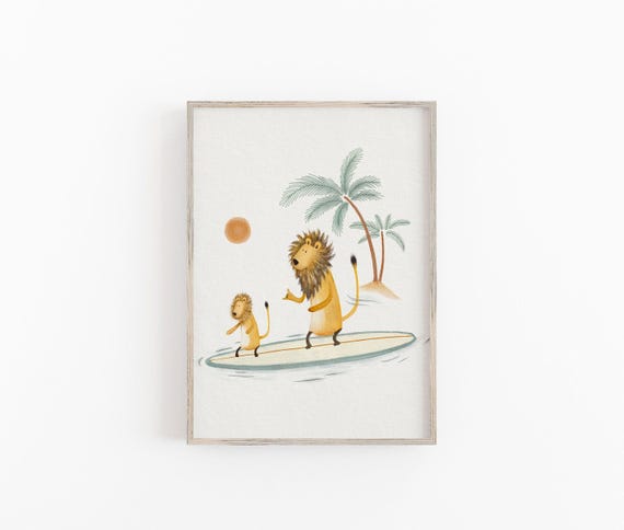 Lion Surfing Art Print, Surf Art Nursery, Beach Decor For Children, Hand Painted Illustration, Surfing Wall Decor