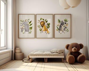 Conjunto de tres láminas decorativas infantiles con animales de safari, decoración infantil con temática de safari, animales pintados a mano en acuarela, láminas de animales para niños.