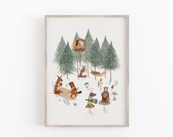 Whimsical Forest Art Print, Woodland Animal Nursery Prints, Whimsical Nursery Decor, Forest Nursery Decor, Whimsical Prints For Children