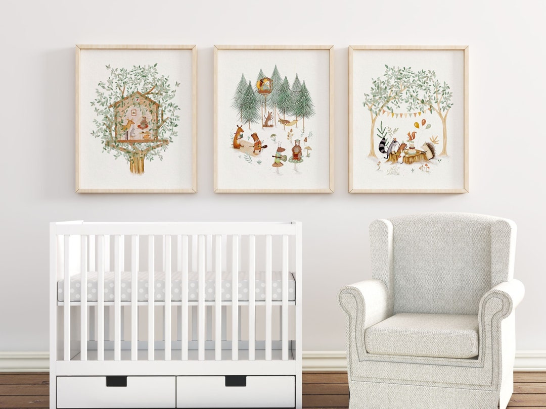Whimsical Woodland Art Prints, Woodland Animals Nursery Art, Sage Green ...