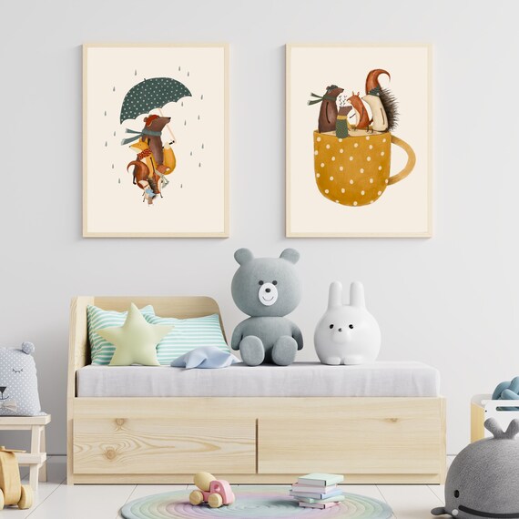 Posters Animaux Enfants DLPRK (2 Pièces) - Déco Chambre Bébé Format A3, Thème Nature