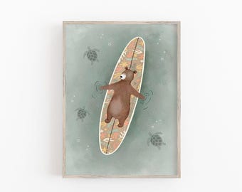 Surfing Animals Art Print, Surf Art Nursery, Children's Surfing Decor, Hand Painted Surf Illustration, Surfing Wall Art