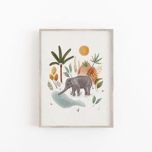 Jungle Elephant Nursery Art Print, Jungle Wall Decor, Botanical Illustration for Gender Neutral Nursery, Nature Wall Art for Kids