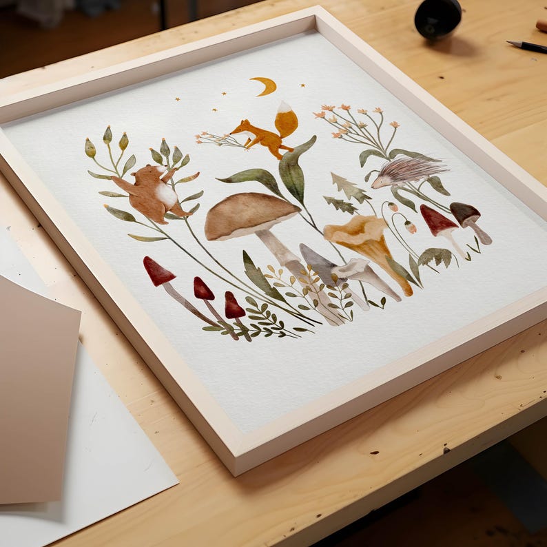 Whimsical Forest Art Print For Children, Woodland Nursery Art, Whimsical Art Print, Wild Mushrooms Illustration With Forest Animals image 2