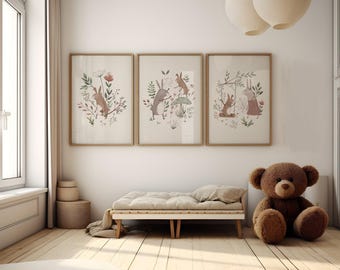 Bunny Rabbit Watercolor Art Prints: Woodland Nursery Decor, Set of 3