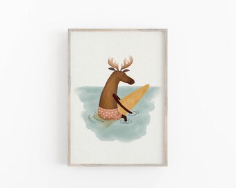 Animal Surfing Print, Children's Surfing Room Decor, Surf Wall Art For Kids, Beach Nursery Wall Decor, Hand Painted Monty Surf Print