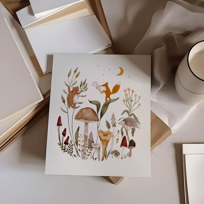 Whimsical Forest Art Print For Children, Woodland Nursery Art, Whimsical Art Print, Wild Mushrooms Illustration With Forest Animals image 4