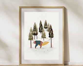 Bear in The Forest Art Print, Bear Outdoor Adventure Wall Decor, Forest Nursery Art, Hand Painted Bear Illustration