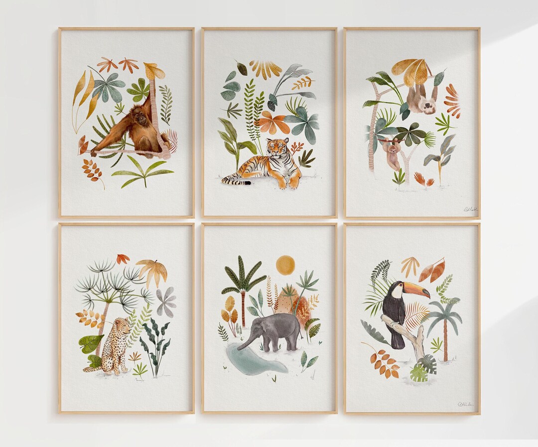Set of 6 Jungle Animal Nursery Art Prints, Baby Boy Room Decor, Wall ...