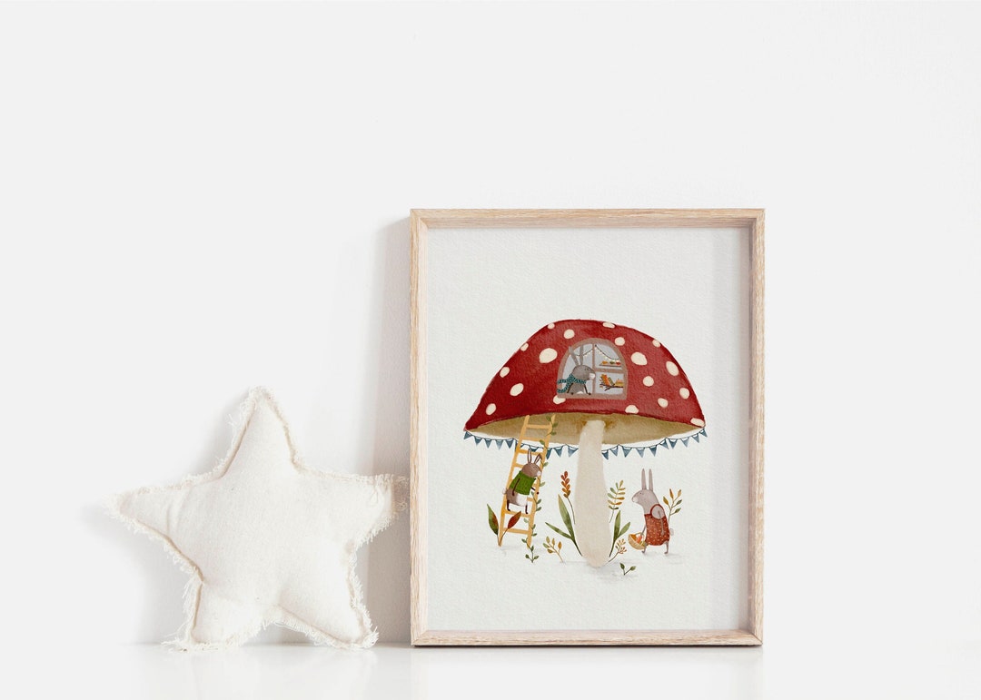 Whimsical Mushroom Art Print for Children, Rabbit Art Print, Kids ...