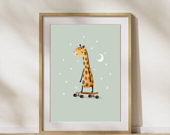 Children's Giraffe Poster, Kids Giraffe Print, Safari Animal Nursery, Giraffe Skateboard Illustration, Gift For Kids