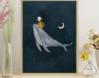 Whale and Girl Art Print, Celestial Whale Print, Whale Painting For Children, Whale Nursery Art, Night Sky Nursery Decor