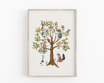 Whimsical Tree Art Print, Woodland Animal Prints For Nursery, Whimsical Nursery Decor