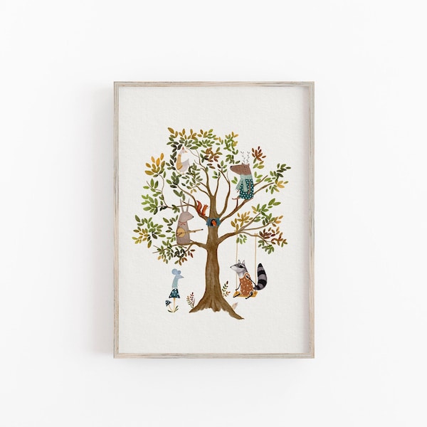 Whimsical Tree Art Print, Woodland Animal Prints For Nursery, Whimsical Nursery Decor