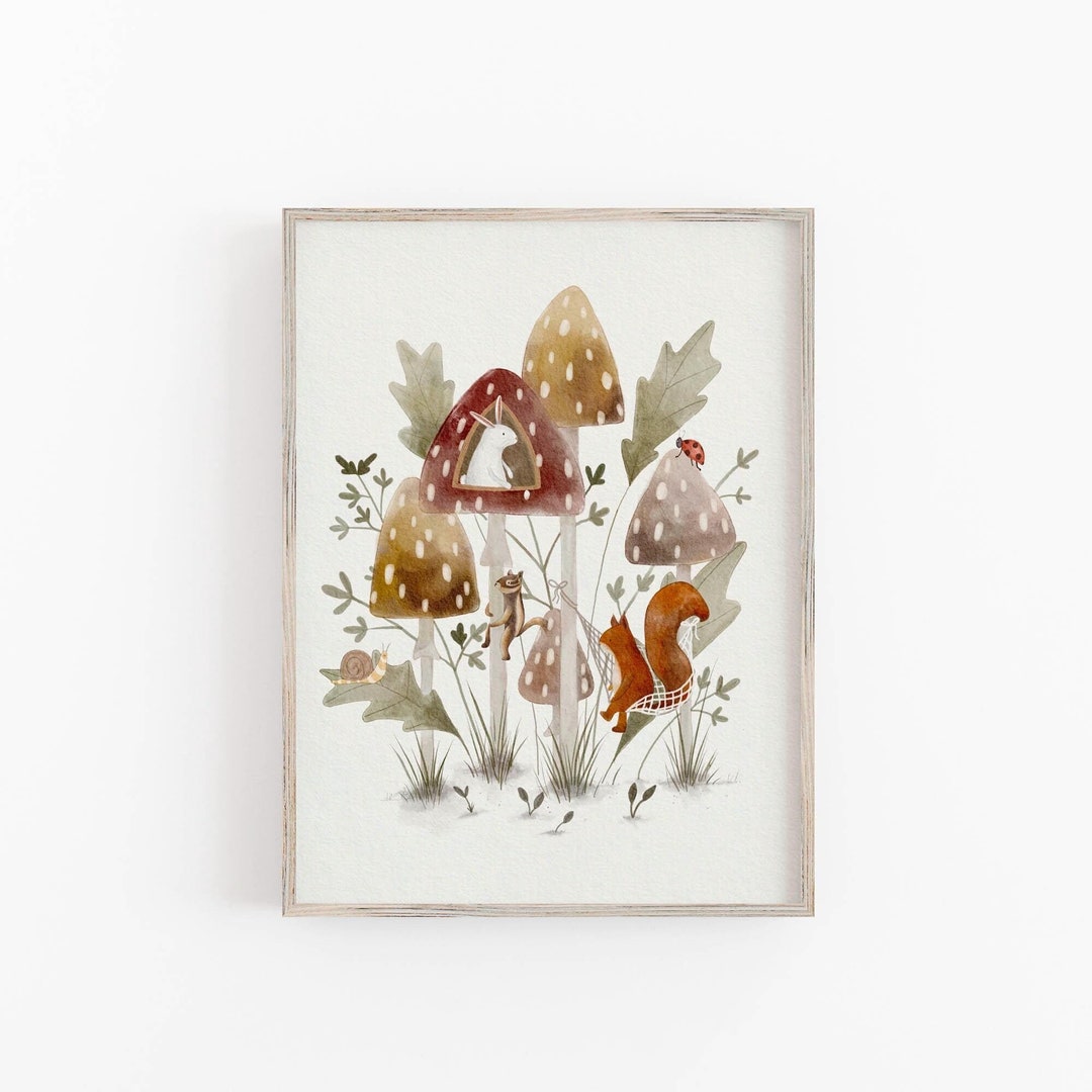 Cute Whimsical Mushroom Art Print for Children, Woodland Wall Decor ...