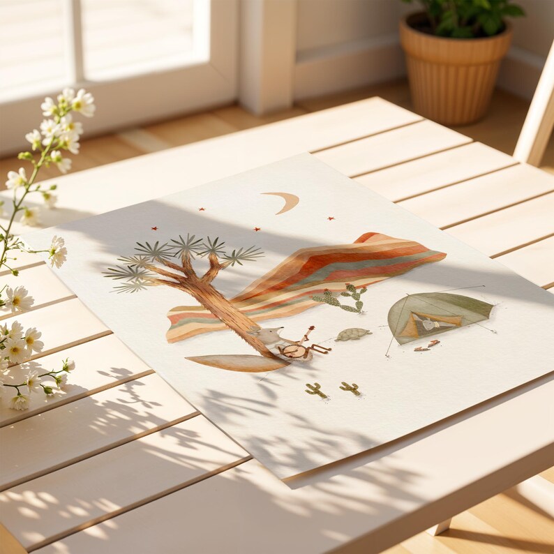May include: A watercolor illustration of a desert scene with a cactus, a crescent moon, stars, a mountain range, a tent, and a small animal playing a drum. The illustration is painted in shades of brown, green, and blue.