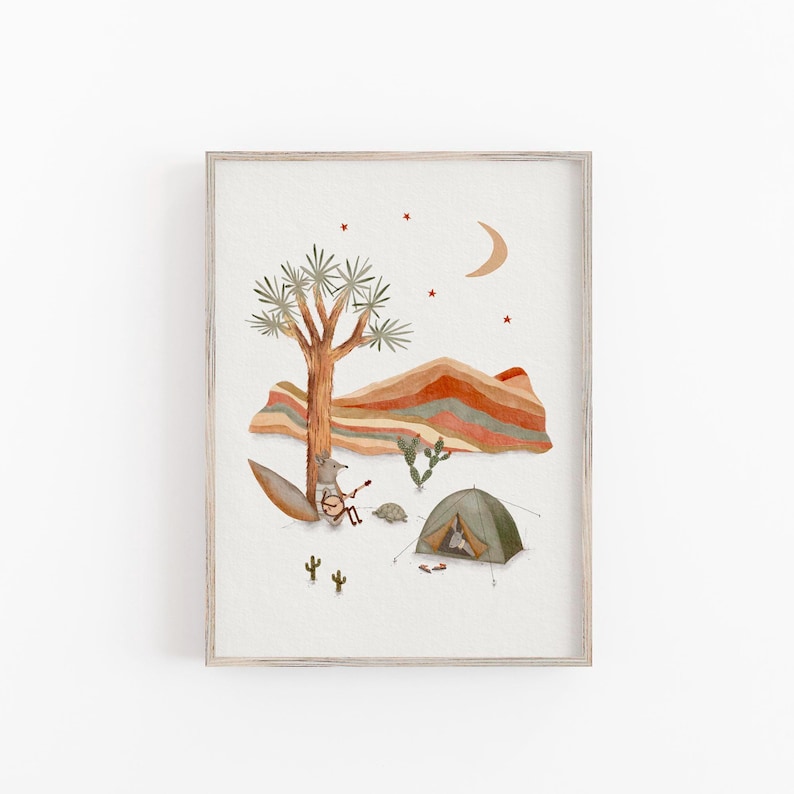 Whimsical boho desert illustration featuring a fox playing a banjo under a Joshua tree, next to a green tent and campfire. Earthy mountains, cactus plants, and a crescent moon complete the peaceful nighttime camping scene. Perfect for kids' wall art or nursery decor.