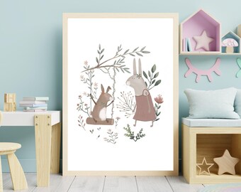 Bunny Rabbit Nursery Art: Watercolor Woodland Animal Print