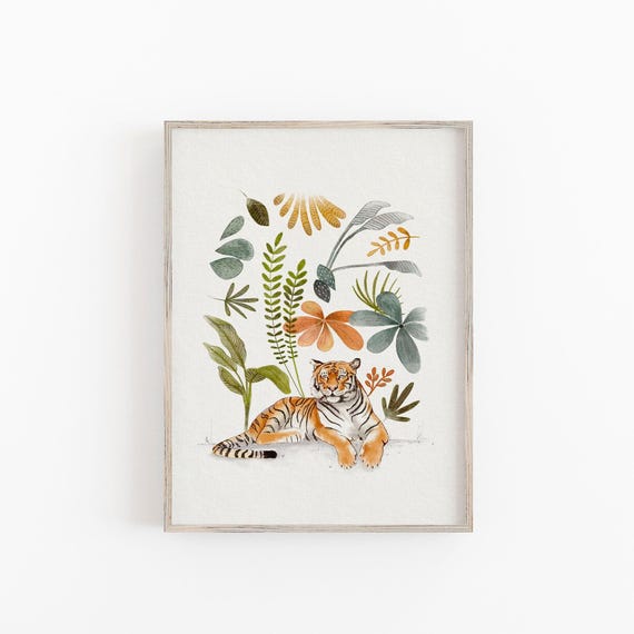 Jungle Nursery Decor, Bengal Tiger Wall Art Print, Rainforest Art Print, Tropical Illustration for Kids Room, Tiger Painting Art Print Kids