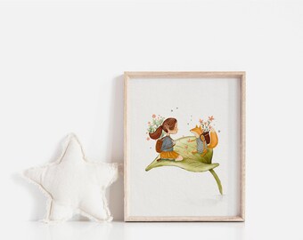 Watercolor Girl and Fox Art Print: Whimsical Nursery Decor