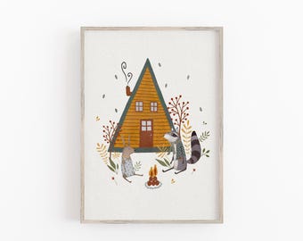 Forest Cabin Art Print, Children's Woodland Print, Woodland Wall Art For Kids
