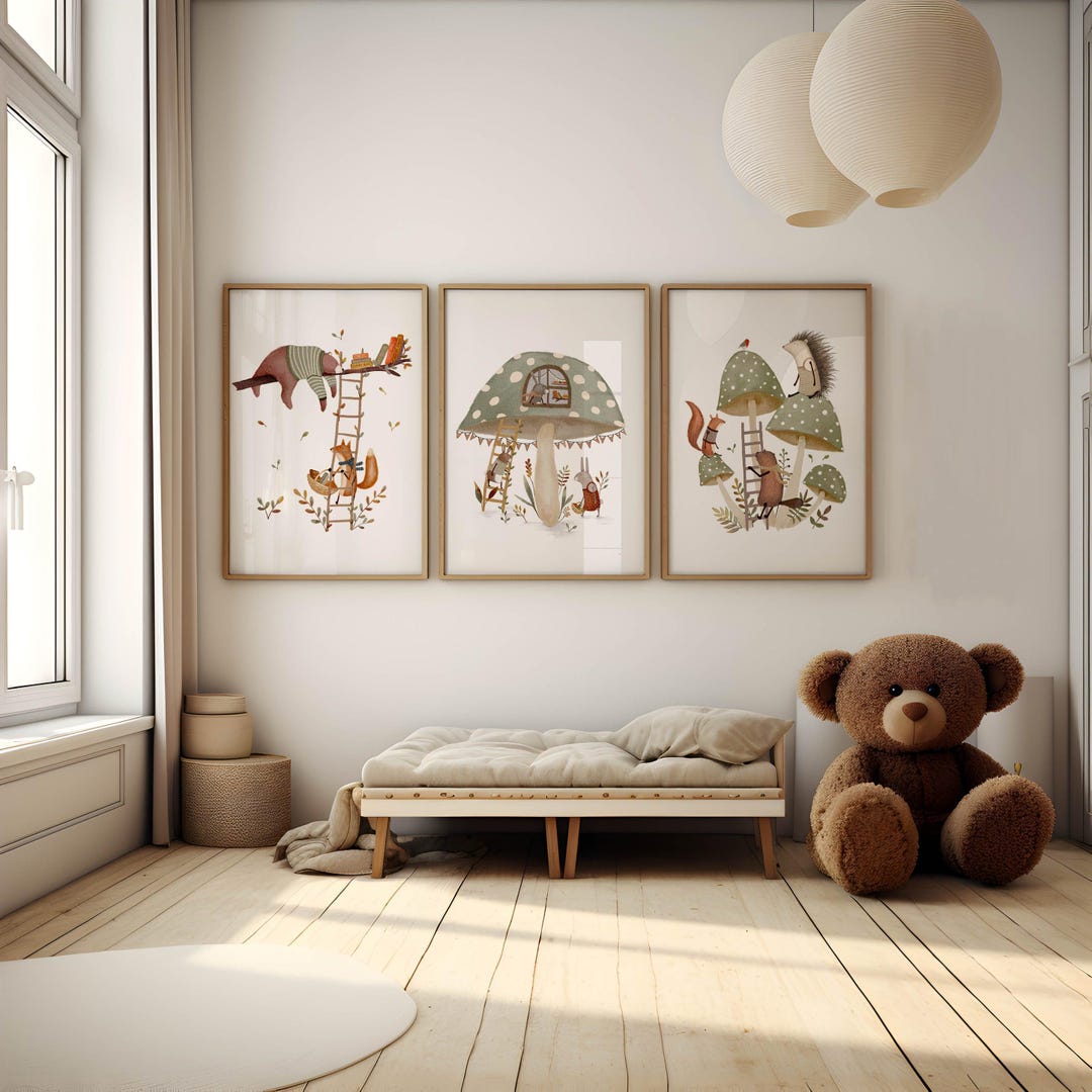 Set of Three Whimsical Woodland Animal Art Prints, Children's Whimsical ...