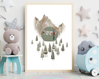 Ski Trip Print: Watercolor Animals in Gondola, Kids Mountain Decor