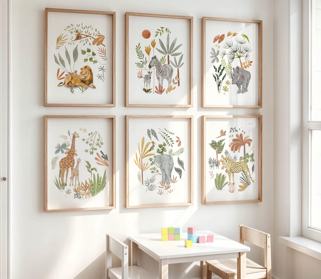 Set of 6 Safari Animal Prints, Boho Nursery Wall Art, Jungle Theme ...