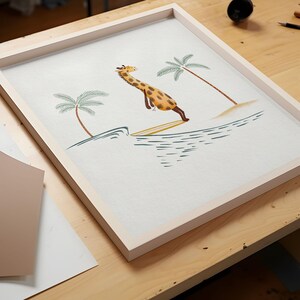 Giraffe Surfing Art Print, Beach Life Wall Decor For Children, Hand Painted Kids Surfing Art, Animal Surfing Wall Art image 3