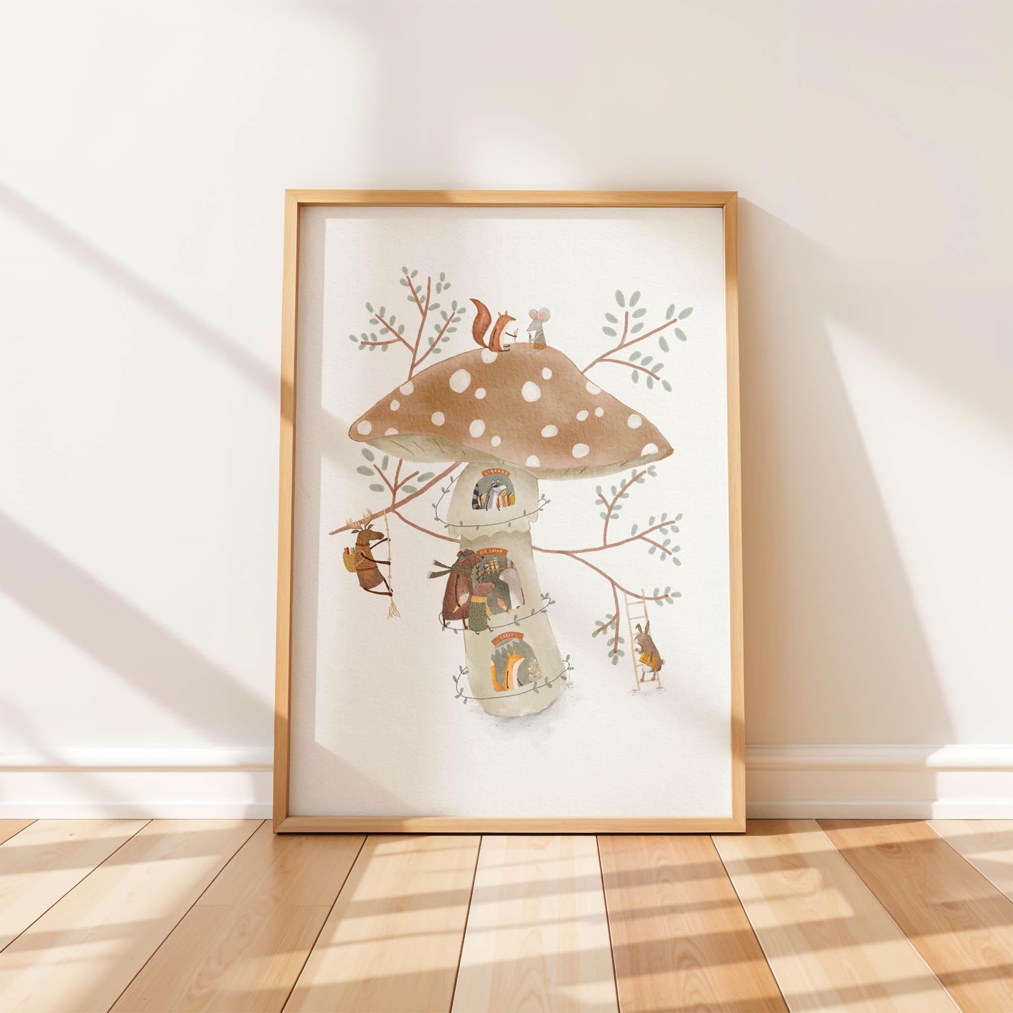 Stampa artistica con negozi di funghi del bosco - Decorazione da parete per la cameretta dei bambini con animali della foresta e biblioteca stravagante - Arte murale del bosco per la cameretta dei bambini