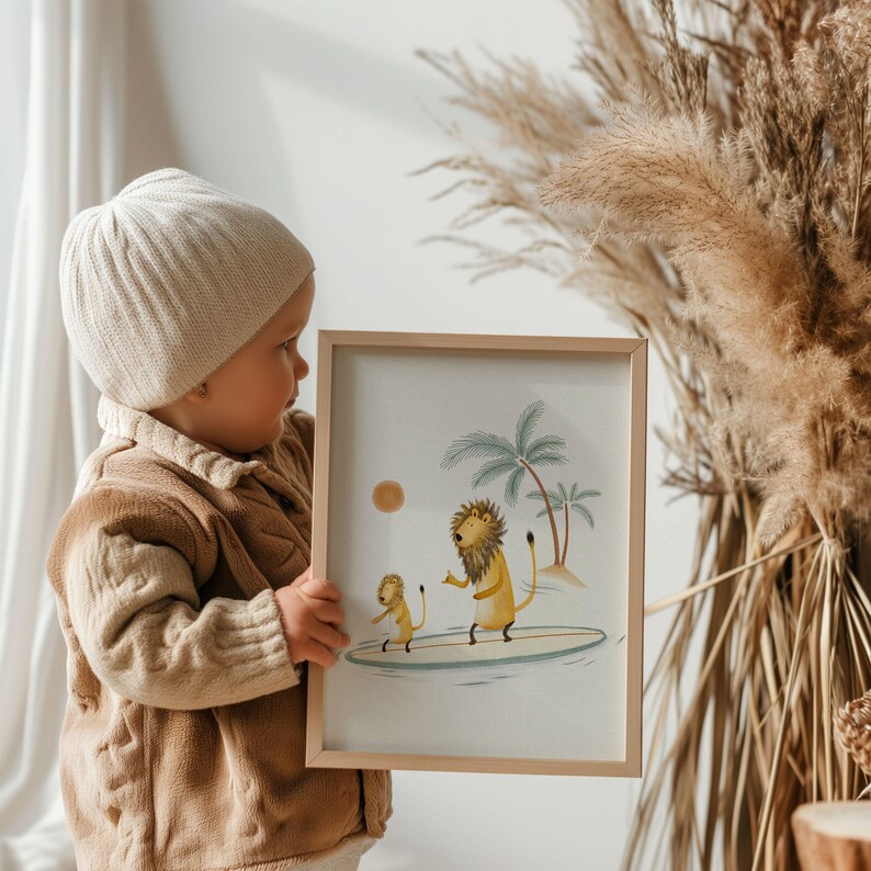 Lion Surfing Art Print, Surf Art Nursery, Beach Decor For Children, Hand Painted Illustration, Surfing Wall Decor image 2