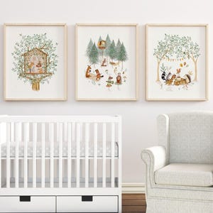 Whimsical Woodland Art Prints, Woodland Animals Nursery Art, Sage Green Nursery Wall Art, Tree Nursery Decor, Nature Wall Art for Baby Boy