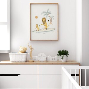 Lion Surfing Art Print, Surf Art Nursery, Beach Decor For Children, Hand Painted Illustration, Surfing Wall Decor image 3