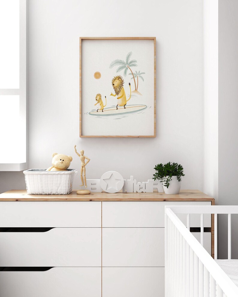Lion Surfing Art Print, Surf Art Nursery, Beach Decor For Children, Hand Painted Illustration, Surfing Wall Decor image 3