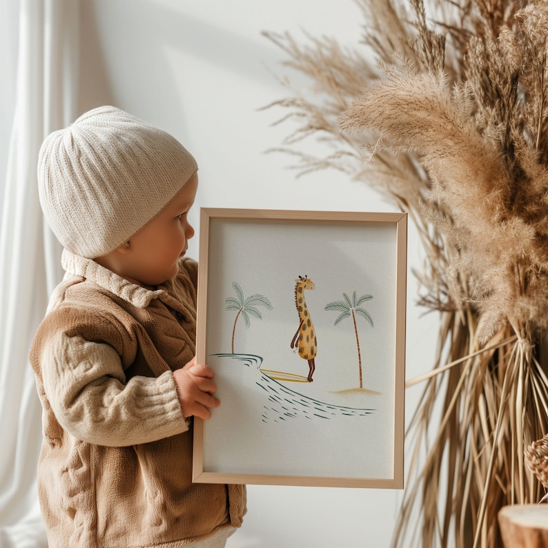 Giraffe Surfing Art Print, Beach Life Wall Decor For Children, Hand Painted Kids Surfing Art, Animal Surfing Wall Art image 4