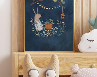 Lámina decorativa infantil con diseño de conejos: Belle Bunny, Jardín de flores
